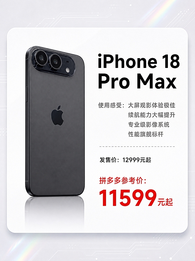 拼多多电商主图，3:4竖版，iPhone 18 Pro Max 手机价格信息图。参考第二张图的排版样式：左侧产品图，右侧文字信息区，整体一个圆角白色大卡片。背景为浅灰白色科技感背景，带有细微电路线条纹理和极淡的镭射光效（右上角和左下角有轻微彩虹渐变光带），简约高级黑白浅色调。

左侧：展示iPhone 18 Pro Max手机背面，保持原图中黑色款的外观、颜色、材质、摄像头模组结构完全一致，手机呈30度角斜立摆放，有轻微倒影，占左侧约40%画面。

右侧文字区（从上到下）：
1. 大标题："iPhone 18 Pro Max"，黑色粗体大字，简体中文+英文
2. 使用感受："使用感受：大屏观影体验极佳 续航能力大幅提升 专业级影像系统 性能旗舰标杆"，灰色常规字体
3. 一条细灰色虚线分隔
4. 官方发售价："发售价：12999元起"，黑色常规字体
5. 拼多多价格："拼多多参考价：11599元起"，醒目大红色粗体字，字号比官方价大

整体风格：科技感、简约高级、黑白浅色为主、轻微镭射光效点缀。字体全部简体，清晰易读。卡片为白色圆角矩形，有轻微阴影悬浮感。

禁止：变形、错字、模糊、杂乱、水印、平台Logo、改变手机颜色和外观结构