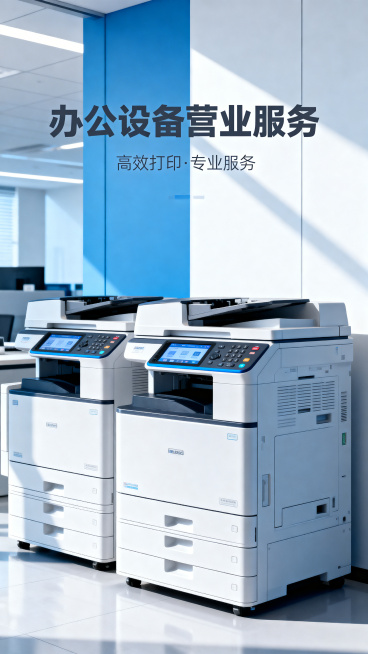 打印机复印机营业宣传图，展示商用办公打印机复印机设备，主题为办公设备营业服务，现代商务风格，清晰专业办公场景预览效果