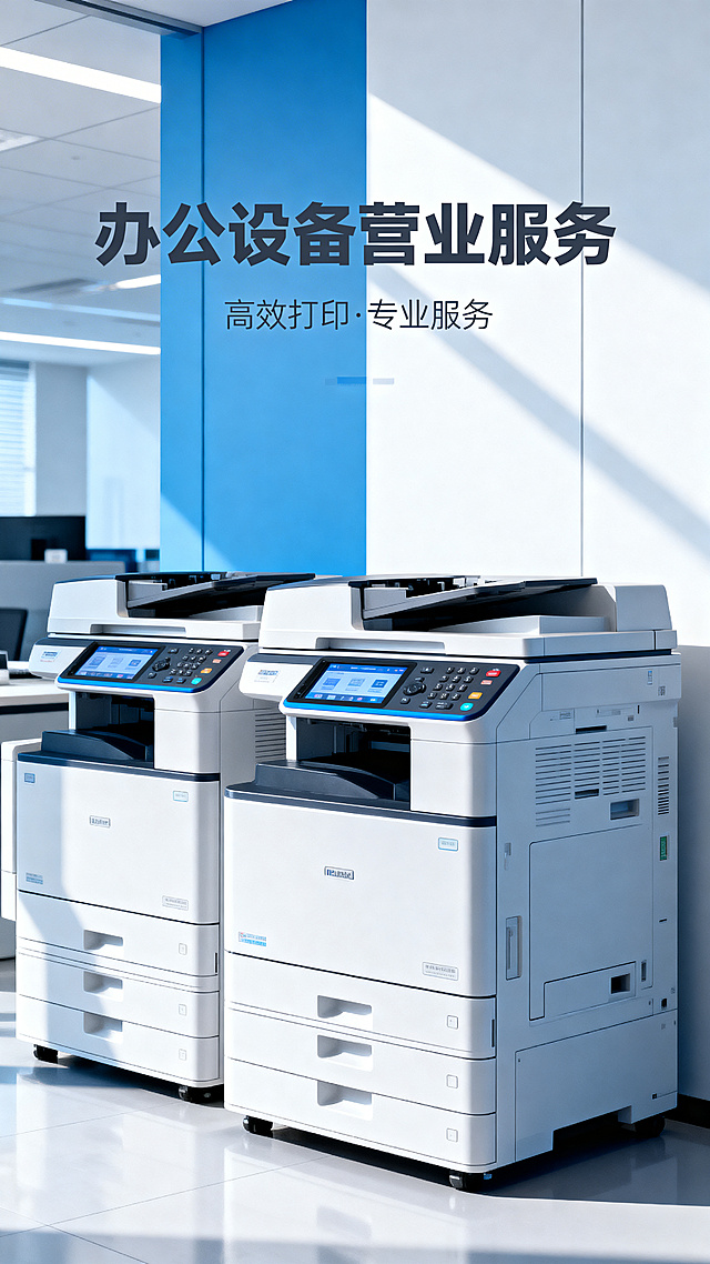 打印机复印机营业宣传图，展示商用办公打印机复印机设备，主题为办公设备营业服务，现代商务风格，清晰专业办公场景