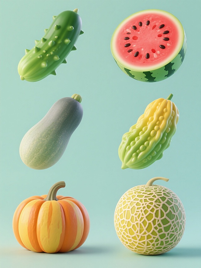 软3D风格的蔬菜系列素材集合，纯色背景，画面整体色彩变换，六个完全不同元素内容规整排布，包括翠绿带刺的黄瓜、红瓤黑籽的西瓜、灰绿椭圆的冬瓜、黄绿相间的苦瓜、橙黄条纹的南瓜、黄绿网纹的哈密瓜，每个蔬菜都有光滑的表面质感和柔和的光影效果，整体设计简洁明快，视觉层级清晰，符合系列化设计感。