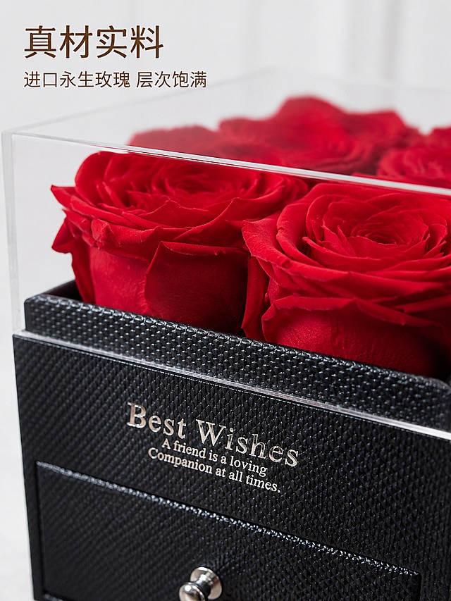 [第3屏] 细节工艺-永生玫瑰花瓣与盒身细节微距图。本屏使用【图2】作为商品主体。
[氛围/风格] 微距质感特写，高级品质感，商业精细摄影。
[元素布局] 微距特写红玫瑰花瓣与礼盒logo区，展示花瓣层层纹理和饱满质感，清晰呈现盒身压印文字Best Wishes；保持产品细节、材质颜色与原图一致；主体细节占比约80%。
[光影质感] 侧光打亮花瓣纹理，高光突出花瓣层次，阴影体现肌理深度，金属文字有清晰光泽，细节锐利。
[配色色系] 全局底色 #F5F5F5，主色深红花瓣+黑色盒身，点缀银色金属字，经典高级配色。
[视角构图] 微距特写，焦点清晰落在花瓣和logo文字，景深较浅突出细节。
[文字版式] 左侧文字区，主标题「真材实料」深棕色，副标题「进口永生玫瑰 层次饱满」浅棕色，左对齐不遮挡主体细节。
[比例分辨率] 3:4 竖版比例，4K 分辨率，文字清晰可辨，高清画质。
[负向提示词] 变形，水印，文字错乱，文字过小，缺件错件，结构错误，颜色偏差，包装文字错乱，产品图模糊，背景杂乱