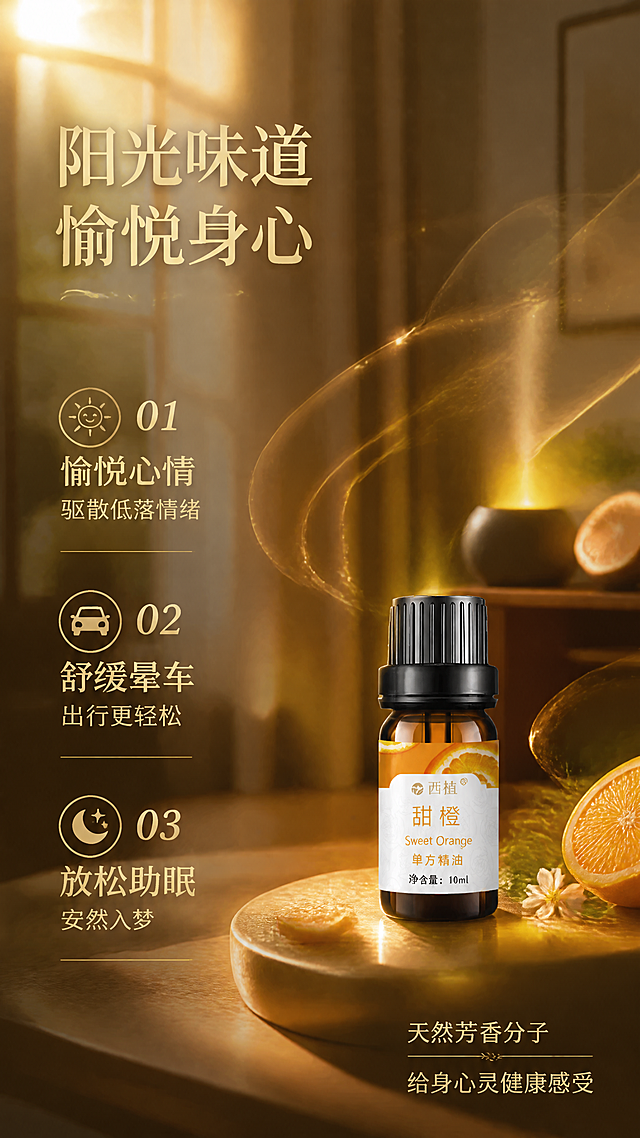 第6张 身心情绪功效 - 愉悦心情舒缓助眠。本张使用【图1】中10ml瓶作为商品主体。
[氛围/风格] 温暖治愈高端感，阳光正能量，放松舒适，院线级香氛体验。
[元素布局] 10ml精油瓶位于画面右下角金色台面上，占比约25%；画面主体为温暖阳光透过窗帘的光影场景，有香薰机扩散的金色香气光带；有阳光光束、尘埃粒子效果；整体氛围温馨治愈高级；瓶身标签清晰可辨。
[光影质感] 暖调金色自然光，阳光从左上洒入，柔和光晕，整体温暖治愈有电影感。
[配色色系] 全局底色渐变#2C1810深棕到#D4A574暖金；主色暖金色#D4A574；辅助色米白色、琥珀橙、深棕色。
[视角构图] 场景氛围为主、产品点缀，阅读动线从场景氛围到产品。
[文字版式] 左上主标题「阳光味道 愉悦身心」，暖金色衬线字体；下方3个功效点金色编号：「01 愉悦心情 驱散低落情绪」「02 舒缓晕车 出行更轻松」「03 放松助眠 安然入梦」，每项配简约金色图标；右下角产品旁标注「天然芳香分子 给身心灵健康感受」；文字清晰有温度。
[比例分辨率] 9:16竖版比例，4K分辨率，文字清晰可辨，高清画质。
[负向提示词] 瓶身变形，标签文字错乱，颜色偏差，水印，文字过小，场景杂乱。