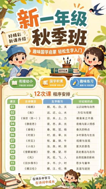 童趣活泼风格课程招生海报，明亮清新配色，画面包含主标题"新一年级秋季班"，副标题"趣味国学启蒙 轻松生字入门"，装饰文案"好精彩 新课开招"，卖点标签"衔接幼小" "国学积累" "趣味练习"，下方展示预览效果