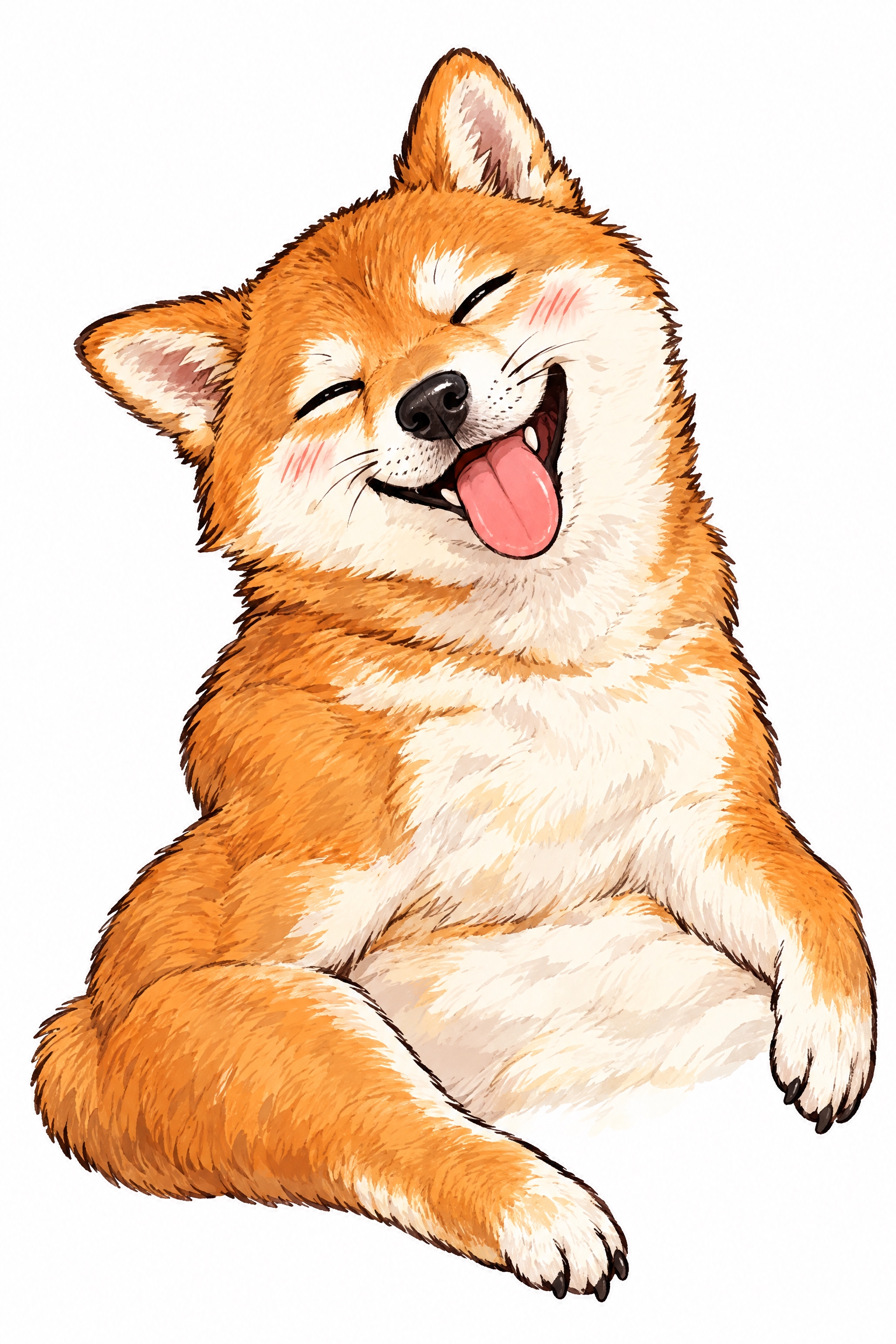 参考图中侧躺姿势、眯眼吐舌花痴笑的柴犬狗狗，重新绘制为彩色插画… - 图片创意预览