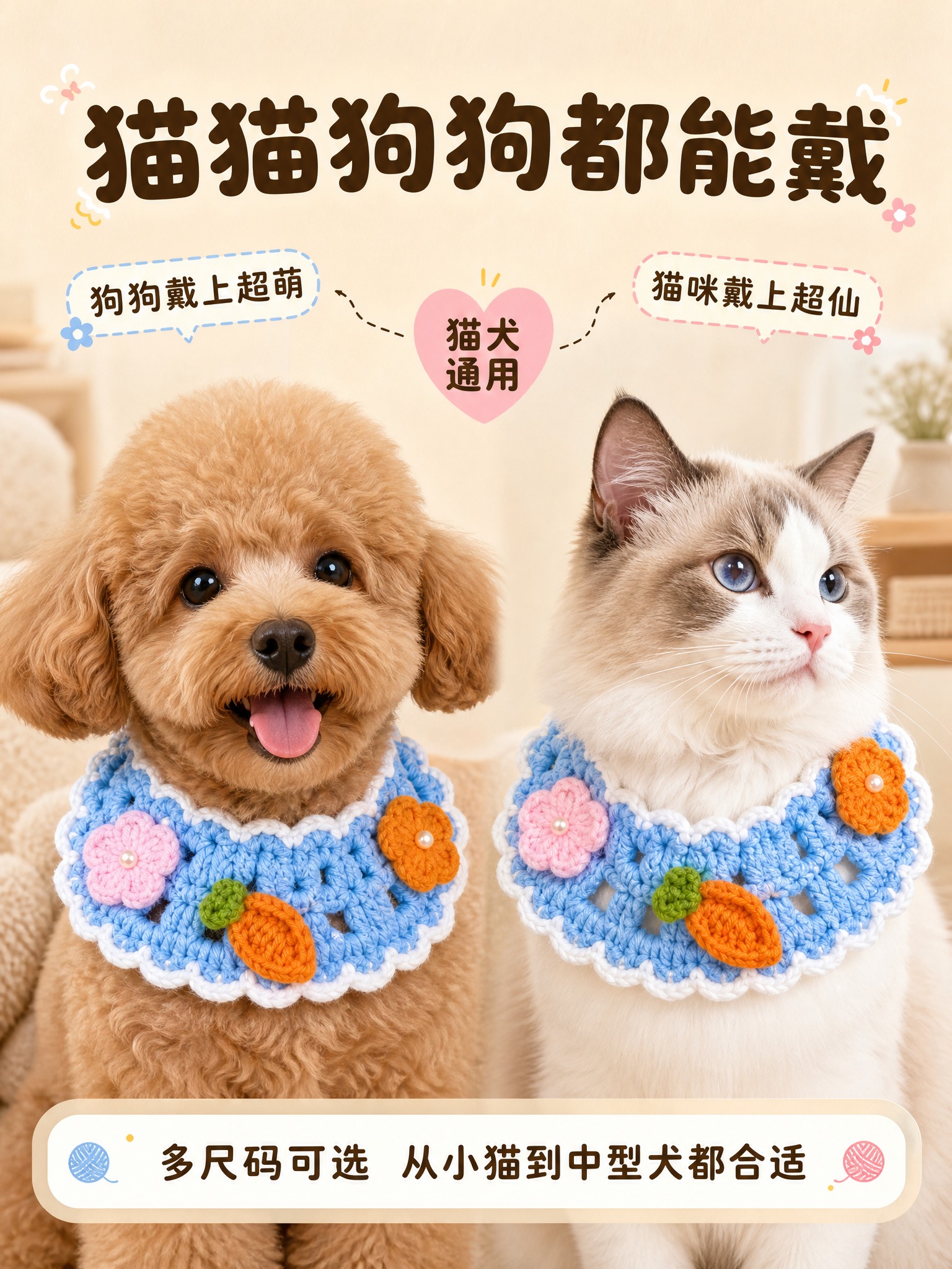 [商品] 使用【图1】蓝色手工针织宠物围脖；保留蓝色主体、白色… - 图片创意预览