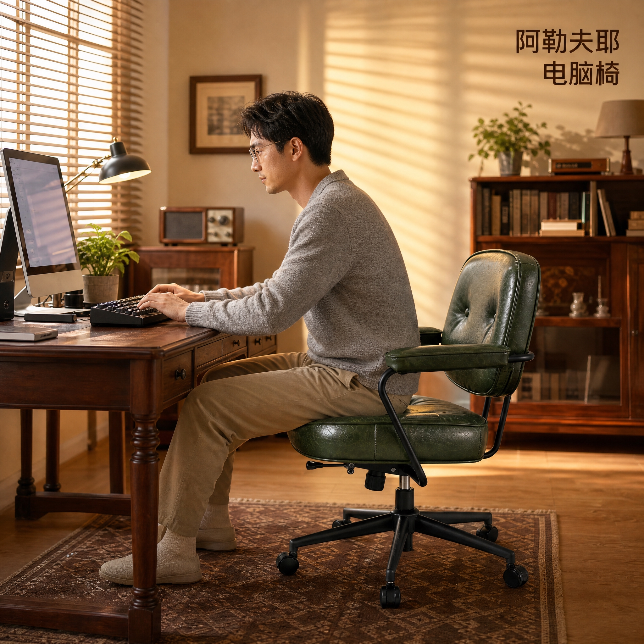 [主图-3] 居家使用场景主图，展示一位男士坐在阿勒夫耶复古皮… - 图片创意预览