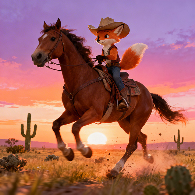 童话故事风格，戴着牛仔帽的小狐狸在西部草原上骑马，身后是绚烂的晚霞，画面自由奔放