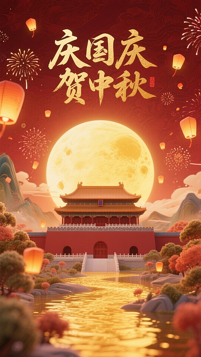 中式美学风格，背景：褚红色，山水暗纹。画面上方有书法字标题“庆国庆 贺中秋”，金色；画面下方为插画风格的故宫建筑，后面是模糊的金黄色圆月轮廓，下面延伸金色河流，周围有一些烟花和孔明灯包围，充满节日氛围