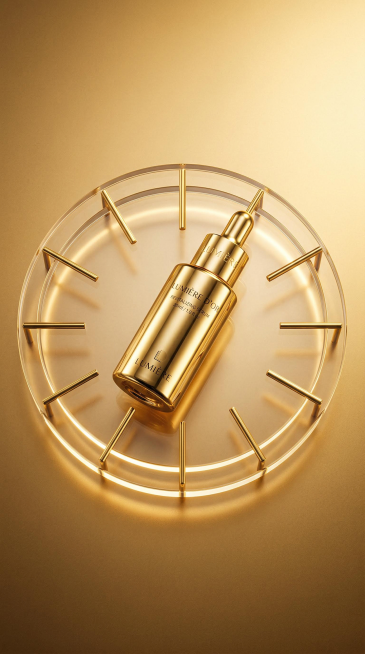 奢华金调美妆精华商业摄影图，超写实产品摄影风格，高级冷艳质感，强烈视觉张力。金色镜面金属质感的精华瓶，以倾斜角度放置在透明亚克力圆形托盘上，托盘边缘均匀排列12个精致的金色细长支撑条，背景为统一的暖金预览效果