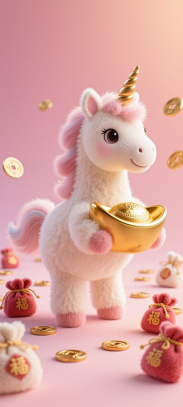 软3D风可爱独角兽手持鎏金元宝，毛发生长质感细腻，梦幻粉红背景点缀金币与福袋，喜庆新春氛围浓厚。