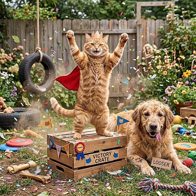 猫狗大战场景，猫咪赢得胜利，猫咪站在画面中心，狗狗在一旁落败，生动有趣，色彩丰富，充满动感和趣味