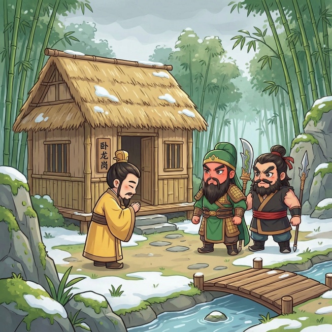 Q版三顾茅庐古风场景，刘备、关羽、张飞拜访诸葛亮，茅庐外有竹林和山石，画面为800×800像素预览效果