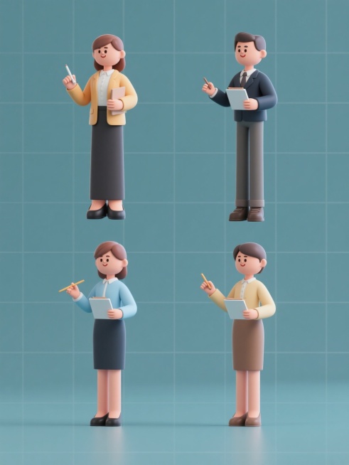 四个3D风格的老师形象以规整的网格状排布在纯色背景上，整体造型简约现代。包含不同性别的教师角色，他们各自呈现不同的教学动作姿态，保持着3D模型的光滑表面质感、柔和的光影过渡以及明快的色彩搭配，无任何文字、logo或水印元素。预览效果