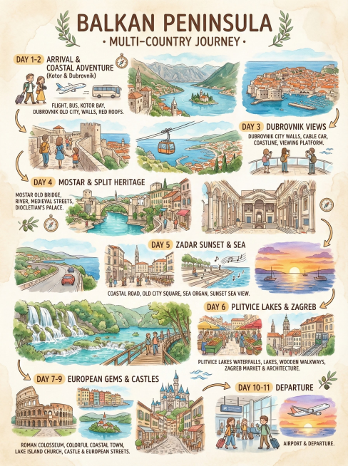 生成一幅手绘旅行行程信息插画风格的作品，竖版信息图排版，整体分为6个行程区块，以箭头串联时间顺序，清楚呈现巴尔干半岛多国旅行路线。
Day 1–2： 飞机抵达欧洲，机场、行李箱、巴士元素，前往科托尔与预览效果