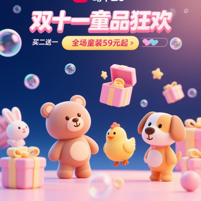 C4D建模风格，3D主视觉，卡通动物包括小熊、小兔、小鸡、猫咪、狗狗，它们周围有漂浮的礼物盒，材质为软萌磨砂质感，色彩采用马卡龙粉与黄色渐变，背景有泡泡光斑，礼物盒自动开合，泡泡缓慢上升，顶部横幅主标预览效果