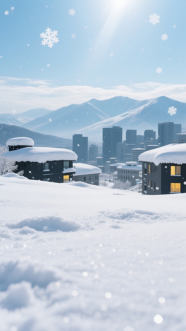 一张具有超写实摄影风格的冬季雪景城市海报，画面主体为近景细腻的白雪覆盖的地面，雪的质感呈现出蓬松、带有细微冰晶反光的特征，阳光从画面上方柔和洒下，形成明亮的高光区域和淡淡的蓝色阴影，营造出清冷而宁静的氛围。远景是被白雪覆盖的连绵山脉轮廓，天空呈现出清澈的浅蓝色并带有少量白色云彩。在保持整体色调（以纯净的白色和浅蓝色为主）和光影效果（柔和顶光、清晰的明暗过渡）的基础上，融入城市元素：画面中景处有被积雪覆盖的现代城市建筑群剪影，屋顶和建筑边缘堆积着厚实的白雪，部分建筑窗户透出温暖的黄色灯光，与冷色调的雪景形成对比。同时，天空中飘洒着轻盈的雪花，雪花形态清晰可见，部分雪花落在前景的雪地上和建筑上，增强冬季氛围。整体构图采用近实远虚的景深效果，视觉焦点集中在前景的雪地纹理和中景的城市建筑轮廓上，传达出冬日城市的静谧与祥和之美，信息传达简洁明了，符合冬季主题宣传的设计感。