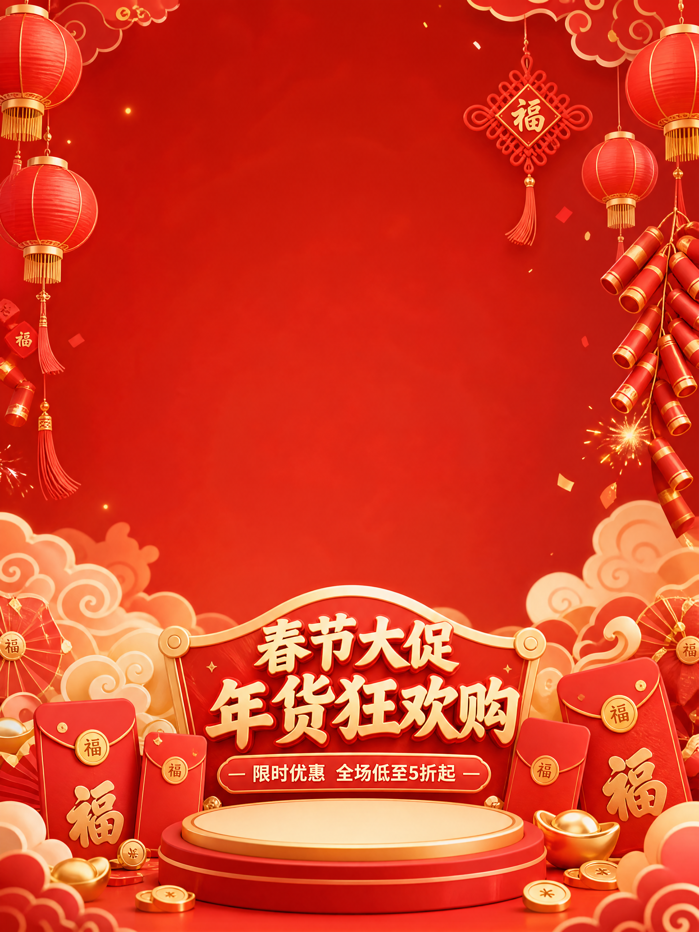 春节节日大促电商场景，画面中上部分预留大面积空白区域用于放置产… - 图片创意预览