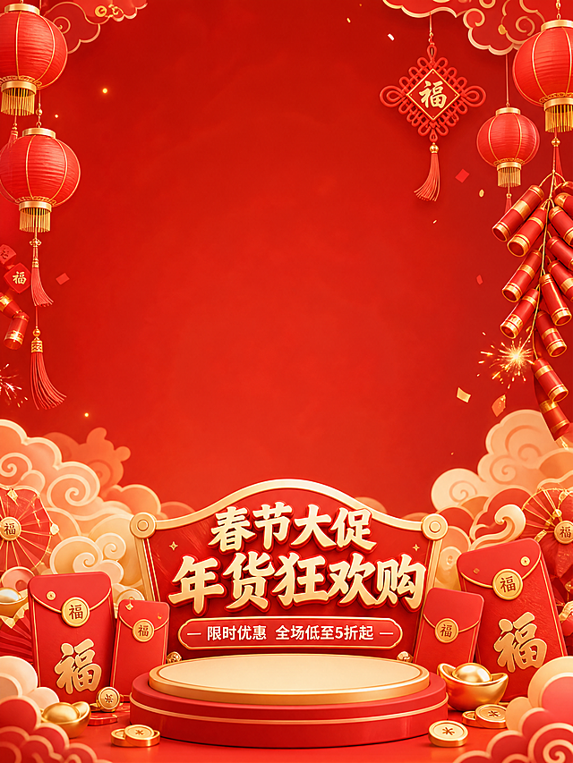 春节节日大促电商场景，画面中上部分预留大面积空白区域用于放置产品，红色喜庆背景，金色装饰，灯笼，中国结，鞭炮元素，红包，祥云纹理，热闹喜庆的节日氛围，春节促销，竖构图