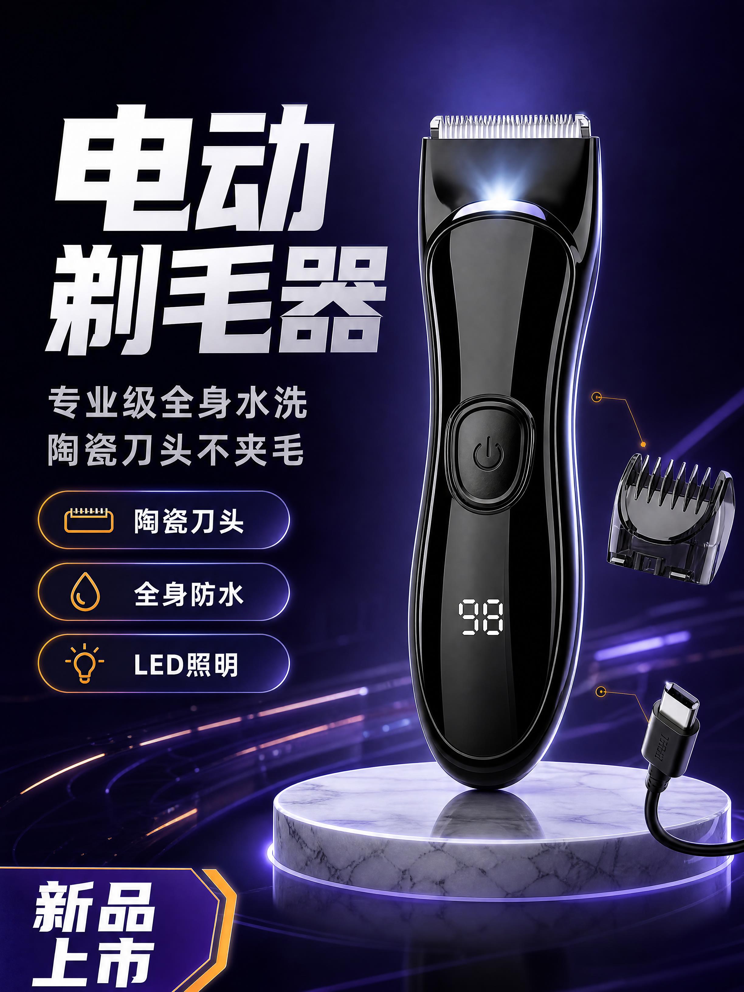 [商品] 使用【图1】黑色电动剃毛器；保留产品整体结构、黑色机… - 图片创意预览