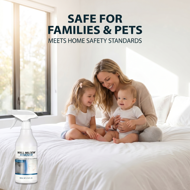 重新生成安全家庭场景主图，文案改为SAFE FOR FAMILIES & PETS 换行 MEETS HOME SAFETY STANDARDS。保持画面：白人妈妈带两个孩子在明亮卧室床上，产品放左下预览效果