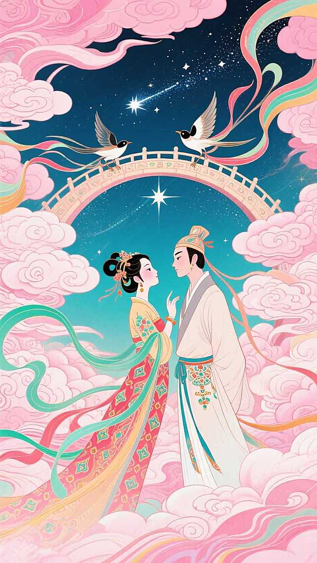 画面中心是身披云锦的织女与牵牛星官，鹊鸟衔星组成银河拱桥，背景点缀敦煌飞天飘带与传统云纹，画面整体呈现出粉色调