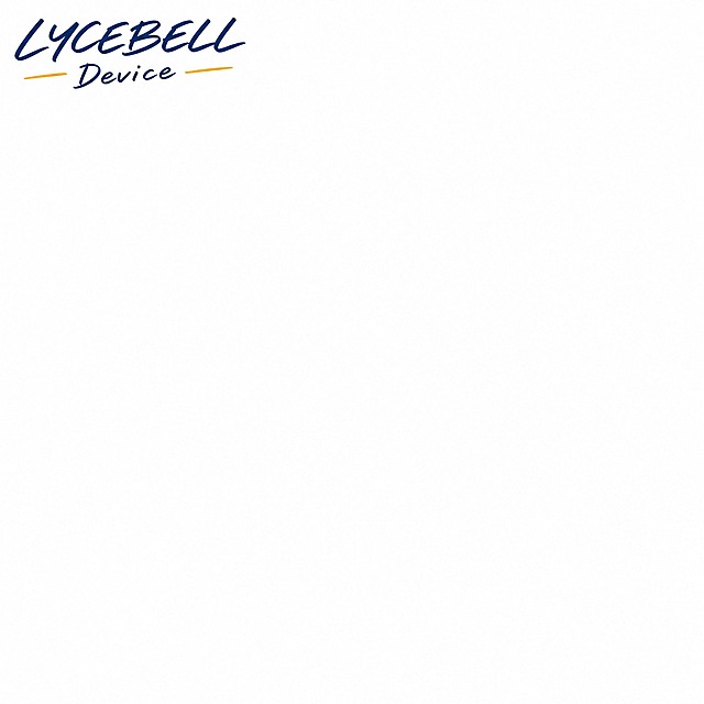 将左上角的"LYCEBELL"字体改为流畅的手写书法体风格，笔画自然流畅有连笔感，字体微微向右倾斜。下方的"Device"文字也改为同样微微向右倾斜的手写风格，保持深蓝色。两侧的黄色短横线也跟随文字微微倾斜。整体保持白色纯净背景，logo布局位置不变，不要方正的字体样式。