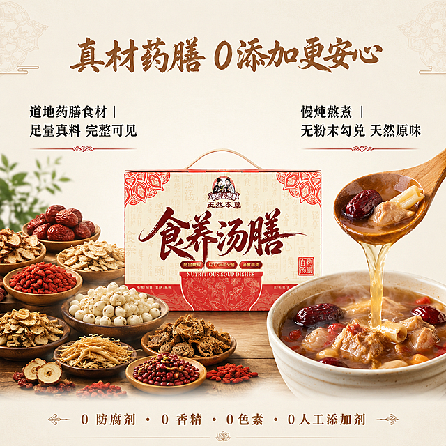 药膳汤礼盒食材展示图，国潮高端风格，主标题:"真材药膳 0 添加更安心"使用毛笔书法体，颜色#8B5A2B，位于页面顶部居中，字号56px；左侧展示道地食材特写，旁配文案:"道地药膳食材｜足量真料 完整可见"使用思源宋体粗体，颜色#2E2E2E，字号30px；右侧展示熬煮汤色特写，旁配文案:"慢炖熬煮｜无粉末勾兑 天然原味"使用思源宋体粗体，颜色#2E2E2E，字号30px；页面底部居中放置承诺文案:"0 防腐剂・0 香精・0 色素・0 人工添加剂"使用思源宋体粗体，颜色#8B5A2B，字号28px，整体干净通透，突出真材实料卖点