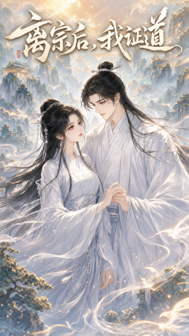 古风玄幻漫剧封面，比例9:16，背景为仙气缭绕的仙山云海，非纯白色，图中有一男一女两位古风仙人，穿着白色古风长袍，人物之间有互动，全图无留白，无英文，画面上方添加中文剧名"离宗后，我证道"，整体画风华预览效果
