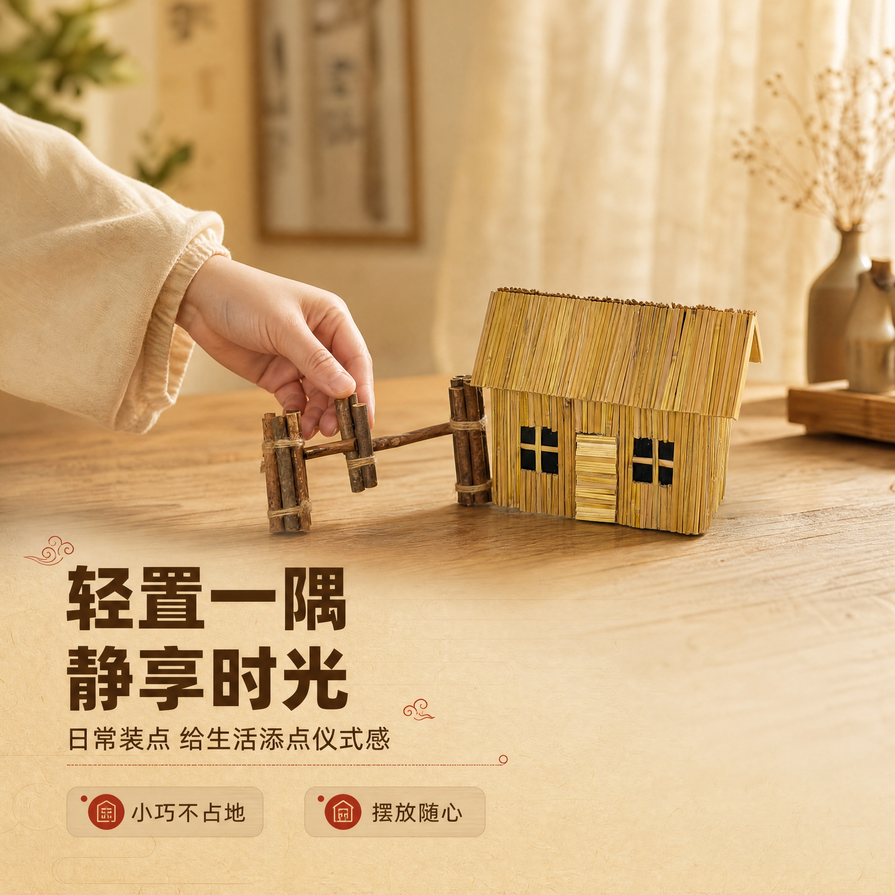 [商品] 使用【图2】手捏柴担的迷你茅屋摆件；保留茅屋结构、柴… - 图片创意预览