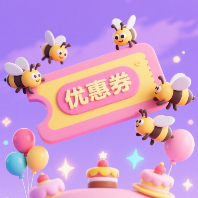 一群小蜜蜂争抢着一张巨大的粉黄色优惠券（上面写着“优惠券”），底部点缀着彩色气球、小蛋糕和闪烁的魔法光点，背景是充满童趣的淡紫色天空。预览效果