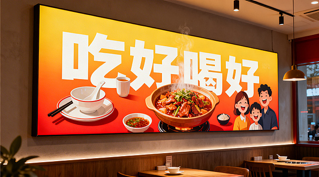 餐饮店内横板灯箱海报，主视觉文字“吃好喝好”，温馨热闹的餐饮氛围，暖色调，风格简约大气，适合店面招牌展示，文字清晰醒目