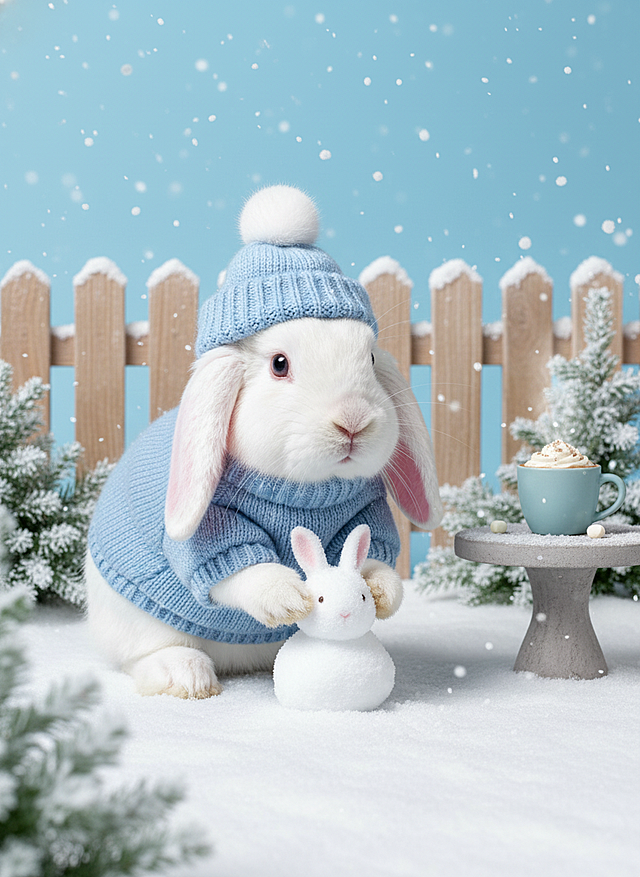 写实摄影风，主视觉是粉白垂耳兔穿浅蓝针织外套，戴绒球帽，前爪捧着雪团堆迷你雪兔。背景是围炉小院，铺着薄雪的木栅栏、挂霜的绿植、摆着热饮的石桌，雪花轻飘，配色粉蓝 + 奶白，软萌治愈，凸显冬日宅家闲趣。