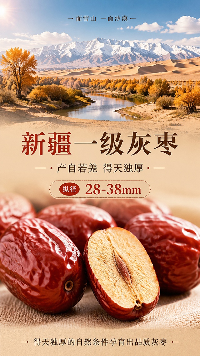 [第3屏] 原料产地专屏 - 新疆一级灰枣。本屏为原料产地展示，无需产品主体图，重点展示灰枣原料与新疆若羌产地。
[氛围/风格] 新疆产地自然氛围感+原料微距质感，暖色调，真实自然，商业摄影质感。
[元素布局] 画面上半部分为新疆若羌产地场景：远处雪山，近处沙漠与绿洲交界，胡杨树点缀，蓝天白云，体现「一面雪山，一面沙漠」的独特地理环境，占屏约50%；画面下半部分为灰枣原料微距特写：几颗饱满的新疆灰枣平铺展示，枣皮红润有褶皱光泽，其中一颗切开展示厚实果肉，占屏约40%；中间过渡区为标题和数据信息。原料元素大且占主画面，主视觉合计≥70%。
[光影质感] 自然日光照射，枣皮光泽自然，果肉厚实纹理清晰，产地场景光线通透，整体温暖有质感。
[配色色系] 全局底色暖沙色#E8D5B7渐变；主色枣红色#9B2D22、沙漠金#D4A853；辅助色天空蓝、深棕文字。
[视角构图] 上下分屏构图，上半产地场景下半原料微距，阅读动线从上到下。
[文字版式] 标题字形同首屏；字色深棕+枣红；字效纯色。中部大标题「新疆一级灰枣」；副标题「产自若羌 得天独厚」；枣旁标注数据「纵径28-38mm」；产地场景上标注「一面雪山 一面沙漠」小字；底部说明「得天独厚的自然条件孕育出品质灰枣」。文字清晰，数据醒目。
[比例分辨率] 9:16竖版比例，4K分辨率，文字清晰可辨，高清画质。
[负向提示词] 水印，文字错乱，文字过小，背景杂乱，人物出现，产品派出现