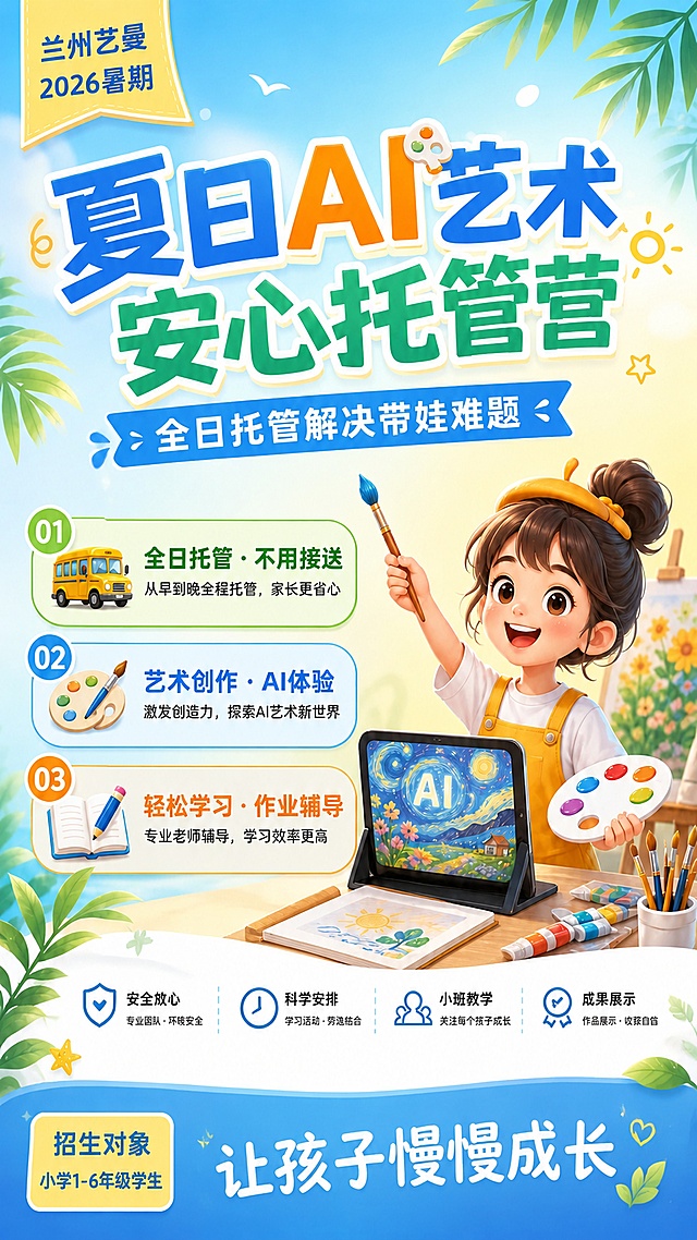 基于这张海报修改，去掉底部的报名热线电话、二维码、营地地址，保留原有所有其他文案和画面内容，在底部空白区域添加新文案“让孩子慢慢成长”，保持整体夏日清新风格不变，色调和排版协调统一，所有文字清晰可见