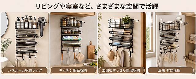 [商品] 使用【图7】多场景展示图中的铁艺收纳架；保留黑色铁艺材质、四层结构、吹风机架、挂钩；商品处理：保留产品原有结构和颜色，各场景中产品形态一致，增强质感。
[画面] 页面目标：多场景拼图，展示产品在浴室、厨房、玄关、柜门内侧等多空间的适配性。构图：2×2四宫格拼图，每格一个场景，顶部主标题，每格底部配场景标签。景别：中景。阅读动线：从顶部标题向下，左上→右上→左下→右下依次阅读。前中后景：左上浴室洗漱场景、右上厨房调料收纳场景、左下玄关小物收纳场景、右下柜门内侧收纳场景，均为浅米色系统一色调。
[视觉] 套系策略：风格=日式简约高级商业摄影；标题字=现代无衬线粗体（日式黑体风）；正文字=简洁无衬线细体；主色=浅米杏色；背景延展=基于浅米杏做深浅层级、同色渐变和各场景真实质感；强调色=深棕褐色，仅用于场景标签底；标题色=深炭灰棕；正文色=中暖灰；组件=圆角场景标签、细白边分隔四格；光影=各场景自然暖光，整体色调统一。
[文字] 顶部主标题「リビングや寝室など、さまざまな空間で活躍」。四格底部各配标签：「バスルーム収納ラック」「キッチン用品収納」「玄関をすっきり整理収納」「扉裏 有効活用」。文字全部横向排版。
[规格] 图片比例61:25横版，4K分辨率，避免变形、错字、文字过小、冷蓝/蓝灰背景、产品颜色改变、场景色调不统一、纯白底。