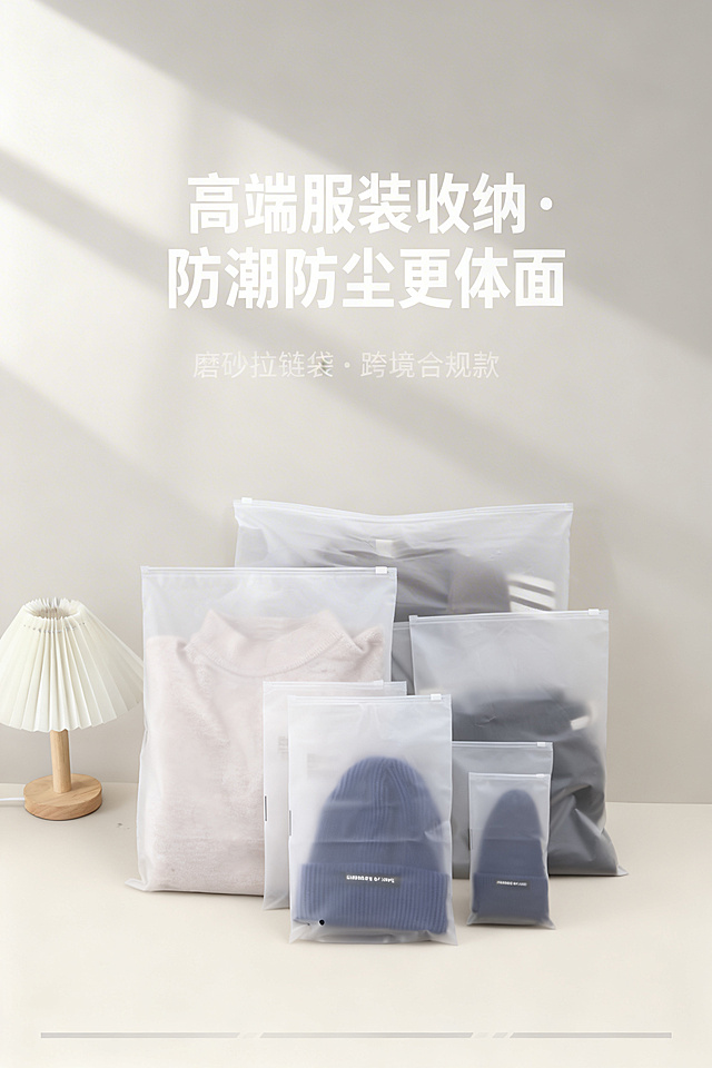 严格还原上传产品参考图，精准复刻包装设计、产品配色、LOGO位置及比例、文字内容及字体、图案元素及细节，无任何偏差，色彩无失真；产品与画面中其他物体比例遵循真实物理空间逻辑，视觉协调，比例还原1:1，杜绝比例失衡、视觉突兀。画面比例为2:3竖版，高级简约风格，莫兰迪灰为主色调，辅助色米白色，饱和度30%，明度80%，柔和自然光从左侧45°入射，无强反光无重阴影。主标题“高端服装收纳・防潮防尘更体面”位于画面上1/3居中，无衬线粗体大字；副标题“磨砂拉链袋・跨境合规款”在主标题下方8px居中，小字浅色。画面中轴展示多尺寸磨砂服装袋整齐排列，底部点缀2条细浅灰装饰线条，整体留白60%，杂志级排版，高清300dpi，干净高级、视觉冲击力强。