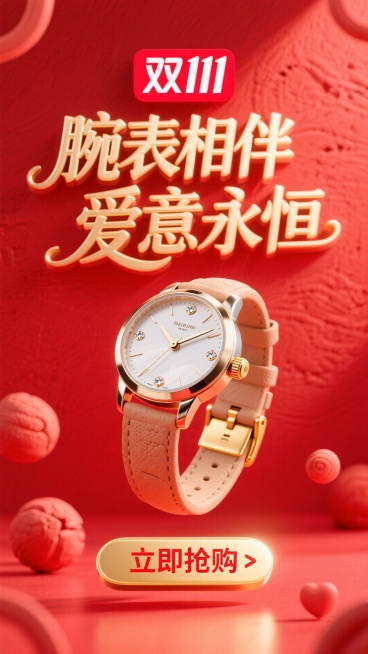 商业摄影风格，比例 16:9。以鲜艳的红色为背景，营造热烈氛围。画面正中央是巨大且优雅的主标题 “腕表相伴 爱意永恒”，采用金色立体艺术字体，笔画粗细变化富有韵律，表面有细腻的光泽质感，像是被柔和灯光预览效果