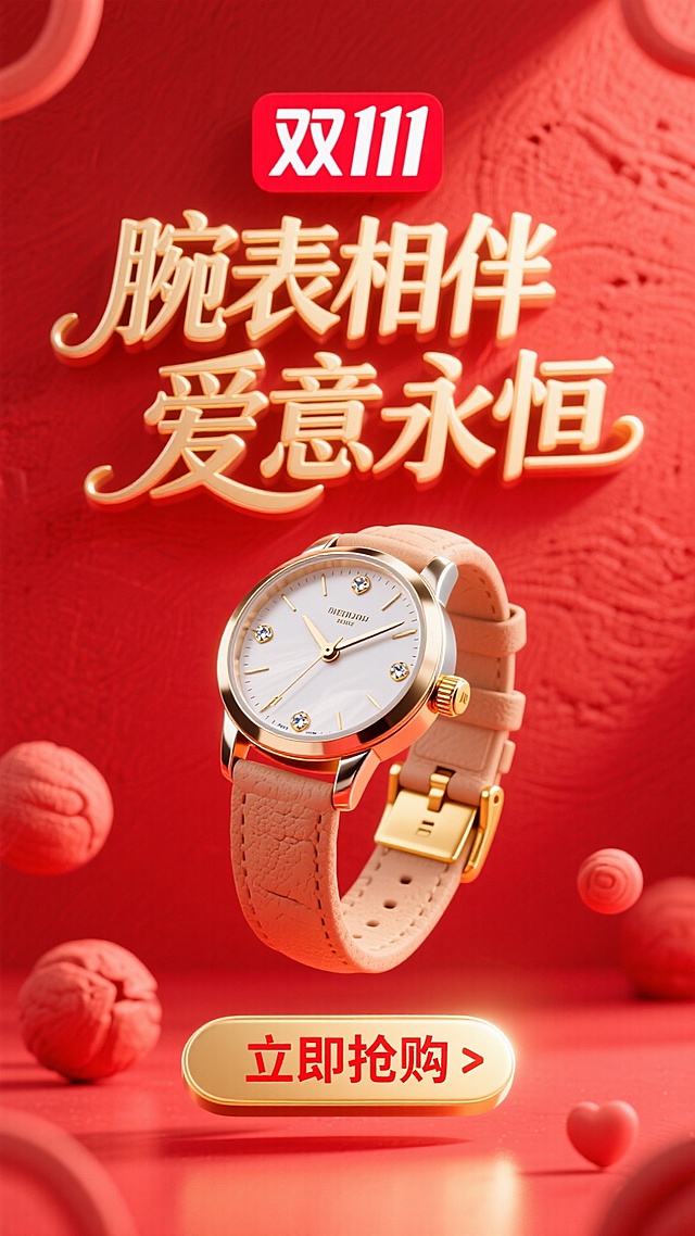 商业摄影风格，比例 16:9。以鲜艳的红色为背景，营造热烈氛围。画面正中央是巨大且优雅的主标题 “腕表相伴 爱意永恒”，采用金色立体艺术字体，笔画粗细变化富有韵律，表面有细腻的光泽质感，像是被柔和灯光照亮，凸显奢华与浪漫。标题上方显著位置为 “双 11” Logo，设计简约现代，以红色与白色为主色调，红色与背景呼应，白色线条勾勒出独特造型，醒目突出。画面核心的手表质感上乘，金属表身散发着冷冽光泽，表盘镶嵌着璀璨宝石，指针精准指向特定时刻，表带纹理清晰，与金色表扣相得益彰。画面底部的 “立即抢购” 按钮为醒目的金色，搭配红色文字，按钮具有强烈的立体效果，仿佛悬浮在背景之上，周围有一圈淡淡的红色光晕，吸引观者注意力，整体画面充满商业促销的活力与魅力。
