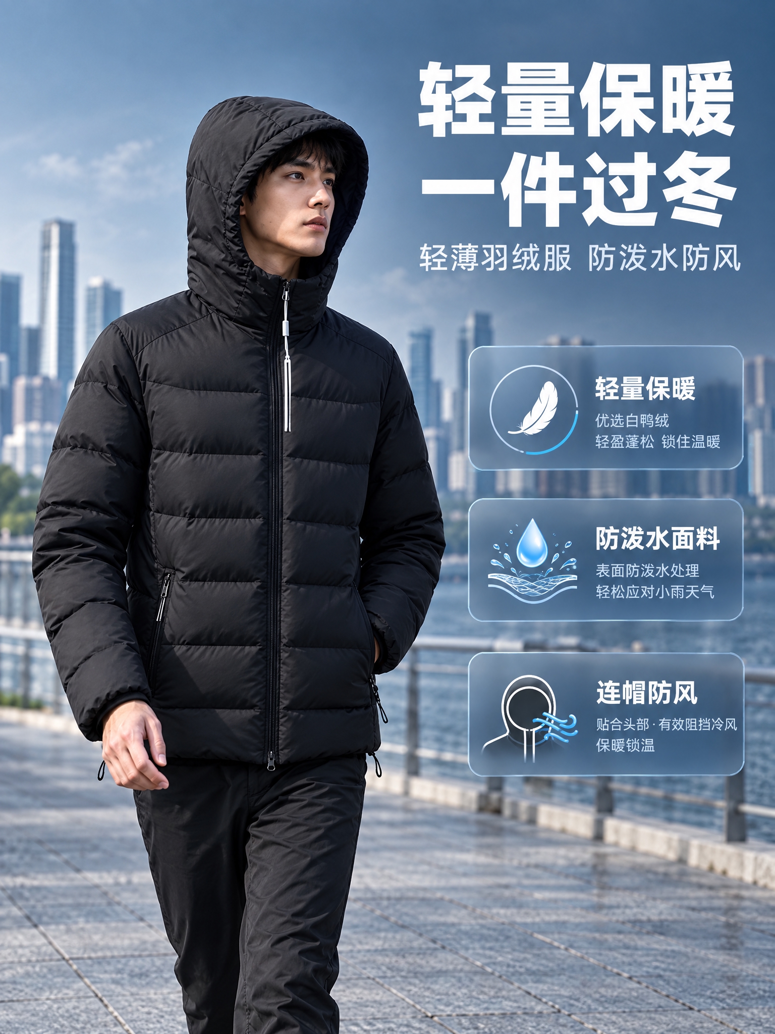 [商品] 使用【图1】男士黑色轻薄连帽羽绒服；商品处理：保留连… - 图片创意预览