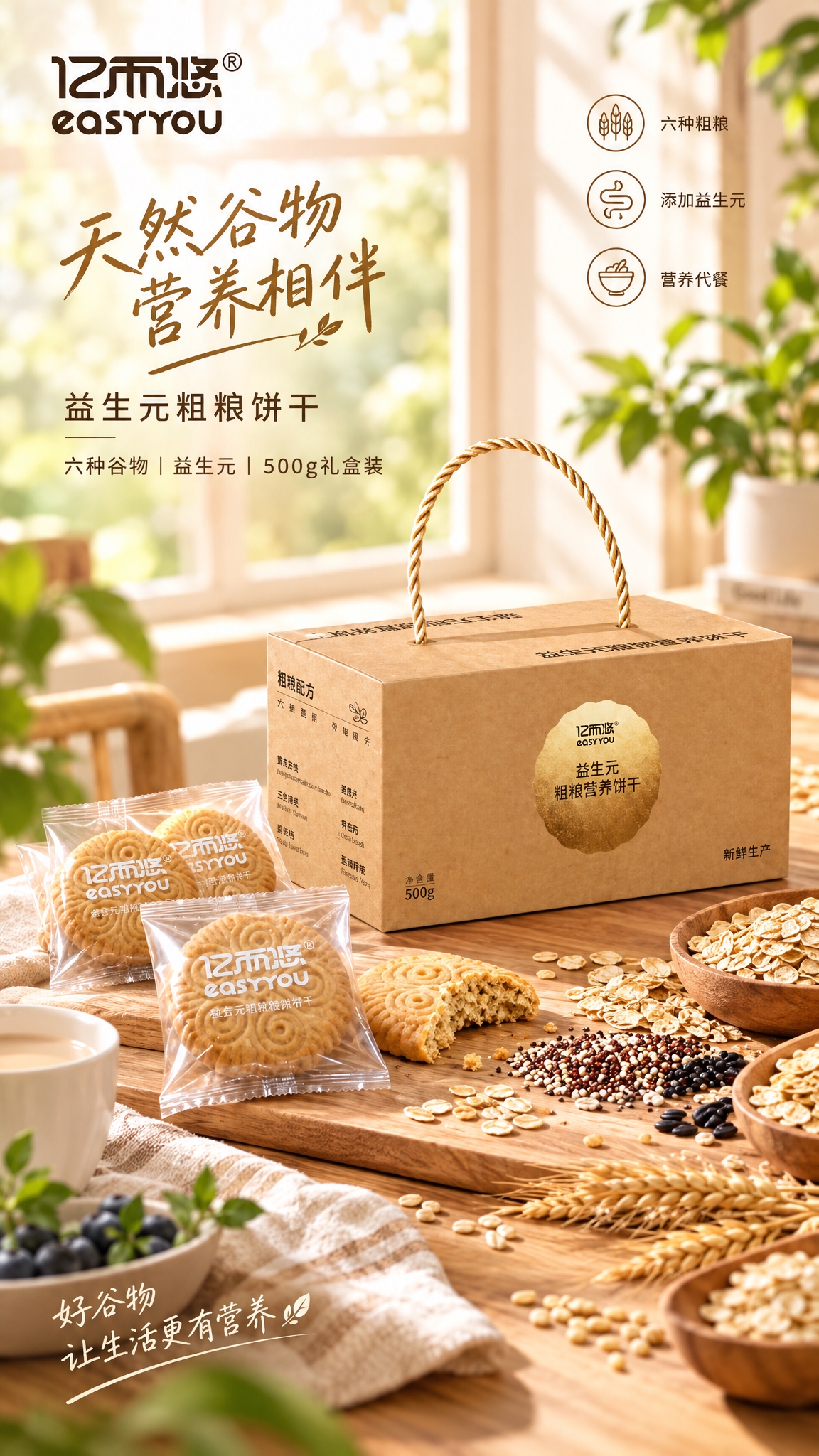 基于图中的亿而悠益生元粗粮饼干产品，生成一张自然健康风格的场景… - 图片创意预览