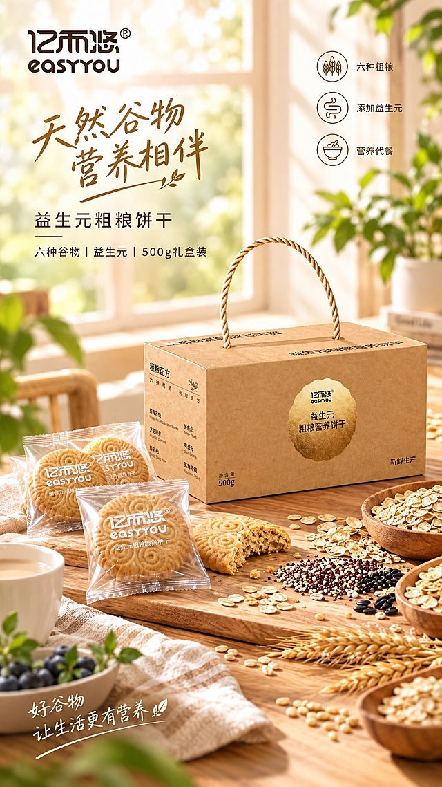 基于图中的亿而悠益生元粗粮饼干产品，生成一张自然健康风格的场景化海报。保持产品礼盒和饼干外观完全不变，产品清晰突出。场景为温馨的原木餐桌，阳光透过窗户洒下柔和光影，周围散落着天然谷物、燕麦、藜麦等食材，背景有淡淡的绿植点缀，营造健康、天然、营养的早餐或下午茶氛围。整体色调温暖自然，传达健康代餐、天然谷物的产品理念。文字精简，排版有设计感。竖版构图，高清商业美食摄影质感，高级精致。