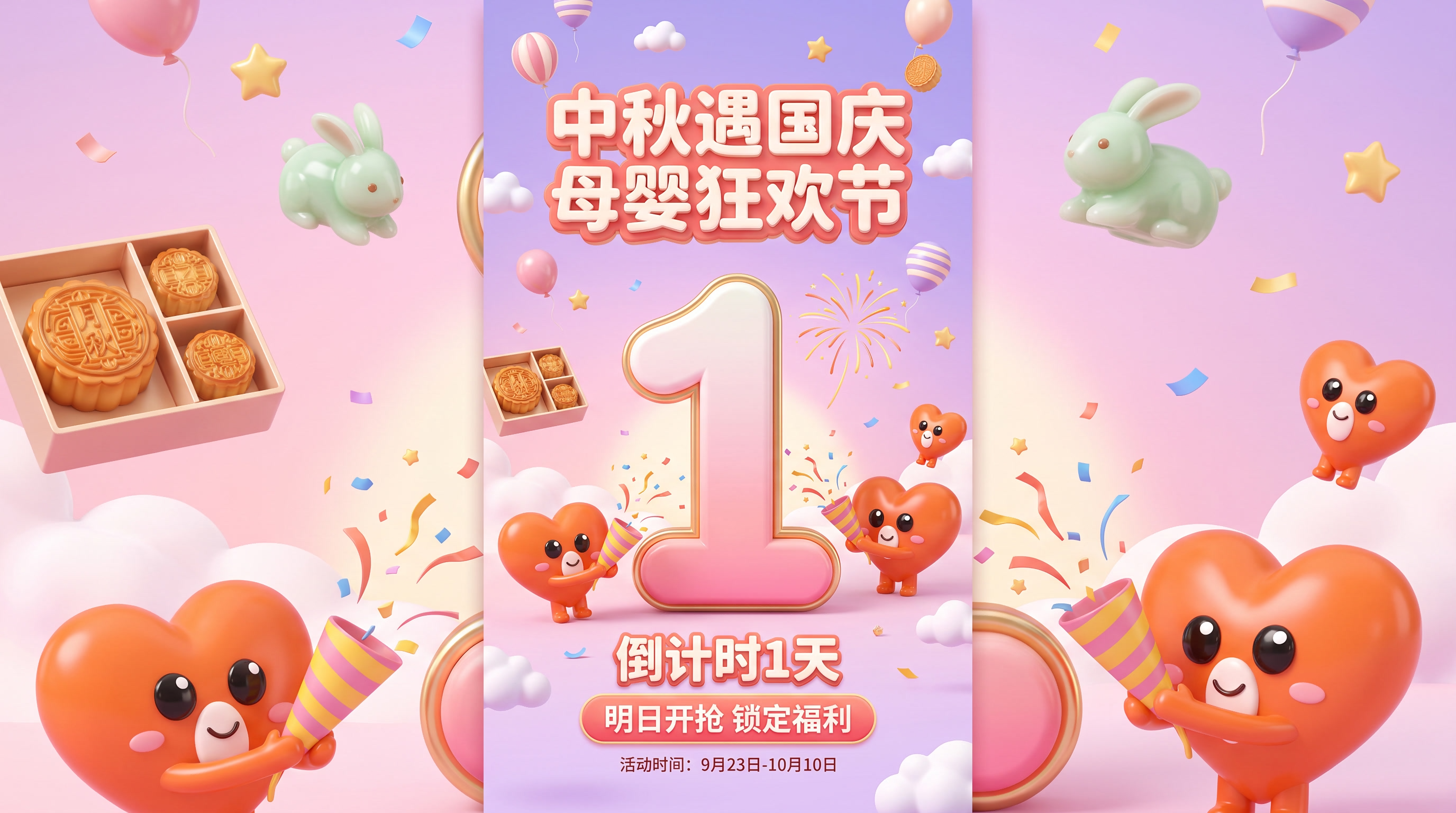 母婴行业中秋国庆双节活动倒计时1天海报，9:16竖版，电商C4… - 图片创意预览