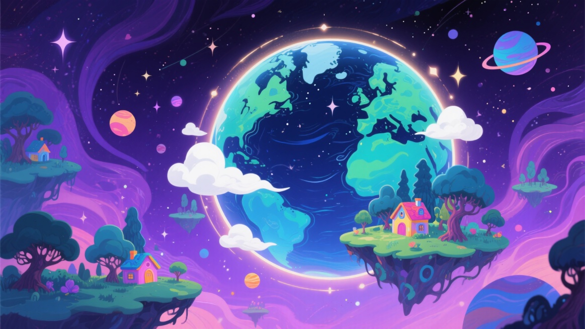 一幅梦幻的插画，深邃神秘的暗紫色星空背景，点缀着闪烁的星辰和流动的星云，中心是一颗充满奇幻色彩的星球，星球表面覆盖着深浅不一的蓝绿色区域，仿佛神秘的海洋和森林，点缀着白色的云朵和漂浮的岛屿，岛屿上有色彩斑斓的小房子和奇形怪状的树木，星球周围环绕着发光的光环和几颗大小不一、颜色各异的行星，整个画面充满了童话般的奇幻氛围，色彩浓郁而和谐，光影效果柔和梦幻，构图饱满且富有层次感。预览效果