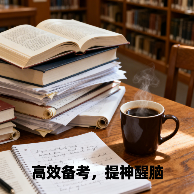 学习场景，图书馆书房内，咖啡杯旁边堆放着大量书籍和笔记，画面下方配有文案"高效备考，提神醒脑"，写实摄影风格，安静舒适的学习氛围预览效果