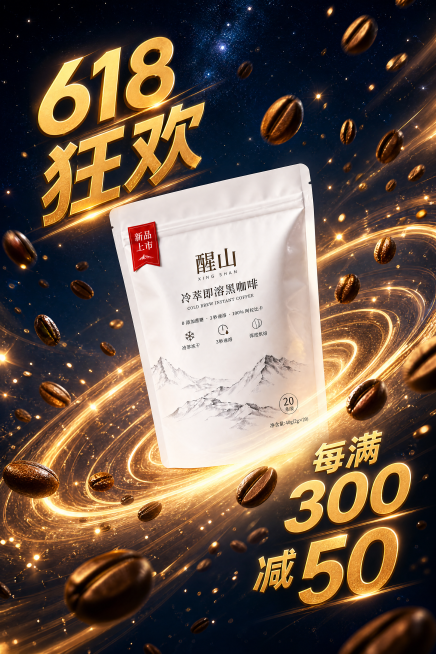 [电商618促销海报] 醒山冷萃即溶黑咖啡618狂欢促销海报，重新构图让画面更生动。  
[氛围/风格] 3D渲染风格，动感活泼高级氛围感，更生动的促销视觉效果。  
[元素布局] 深蓝色星空渐变背景预览效果