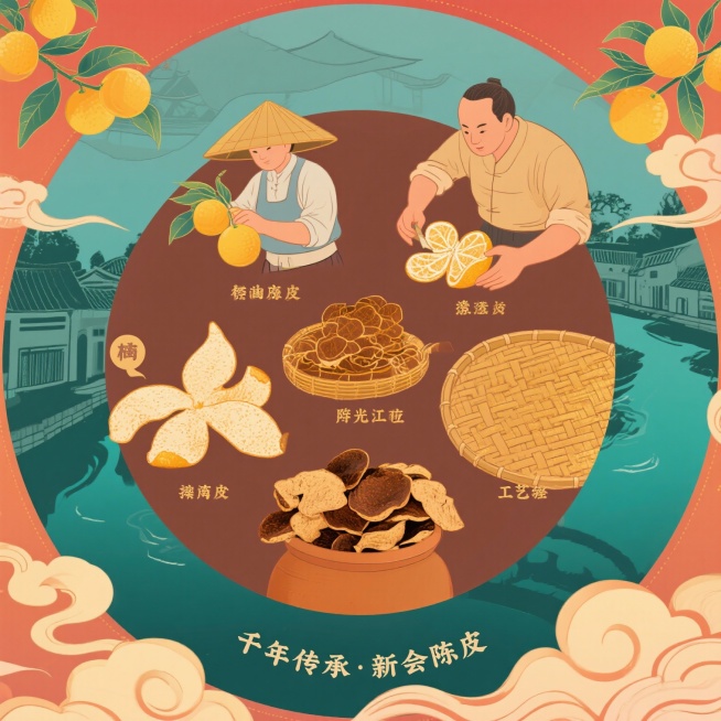 新会陈皮的制作工艺有着近千年历史传承，主要分为五步：
采收、开皮、翻皮、晒皮和陈化，其中最为重要的便是陈化。只有经过时间的沉
淀，柑皮才能成陈皮，而在新会已经有了统一的标准，陈化三年以上才能称之为
陈预览效果