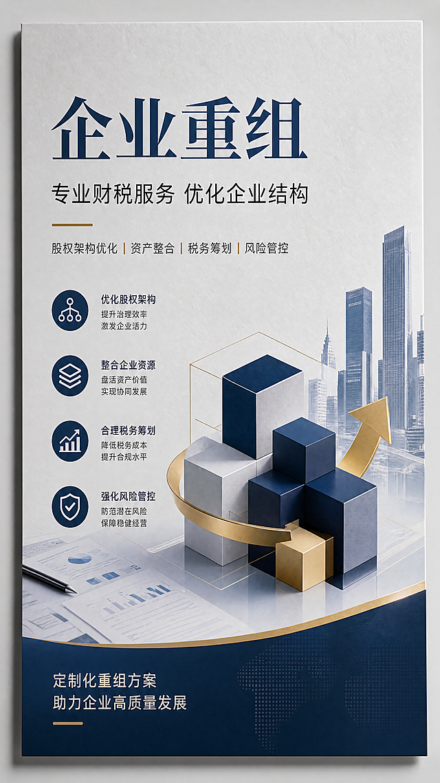 财税行业企业重组宣传海报，内容丰富，排版精致，色彩协调专业，构图干净简洁，细节精致，真实纸张材质质感，现代简约审美，适用于朋友圈竖版宣传，无水印无LOGO，背景干净不杂乱，文字排版清晰整齐，文字内容准确，专业设计师设计风格，AI感弱，主标题文字"企业重组"，副标题文字"专业财税服务 优化企业结构"