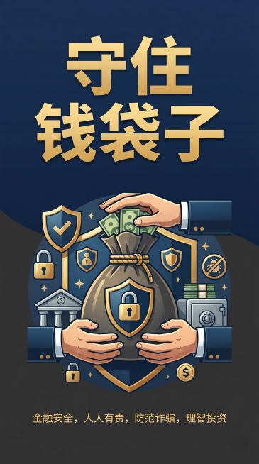 金融科普宣传海报，主题为“守住钱袋子”，风格正式大气，包含清晰醒目的标题文字“守住钱袋子”，搭配金融安全相关元素，整体色调沉稳，适合公众宣传。预览效果
