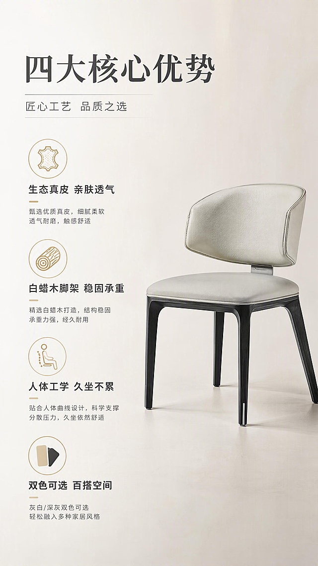 [第2张] 核心卖点总览页-北欧轻奢白蜡木真皮餐椅四大核心优势展示。本张使用【图1】左侧浅灰色餐椅作为商品主体。
[氛围/风格] 现代简约轻奢风，干净高级，商业摄影质感，卖点清晰有力。
[元素布局] 浅灰色餐椅置于画面右侧中部，占比约50%，45°侧视角度；左侧为四大卖点图标+文字区，上下排列；背景为浅米灰渐变纯色，底部有微妙光影台面承托；餐椅结构、白蜡木脚架、真皮质感、浅灰色号与输入图一致。
[光影质感] 左侧柔光主光，右侧自然投影，真皮座靠有柔和高光，椅脚线条利落，整体明亮干净。
[配色色系] 全局底色 #F5F2EE；主色浅灰真皮+黑色脚架；辅助色深灰文字、暖米色；点缀色香槟金图标描边。
[视角构图] 正面微侧45°，产品居右，左侧信息区，阅读动线从上到下依次浏览卖点。
[文字版式] 版式为左文右物，顶部大标题「四大核心优势」，下方四个图标+短句竖向排列：①「生态真皮 亲肤透气」配皮革纹理图标 ②「白蜡木脚架 稳固承重」配实木图标 ③「人体工学 久坐不累」配坐姿曲线图标 ④「双色可选 百搭空间」配色卡图标；每个卖点配4-6字短标+1行解释；右侧餐椅完整展示，文字不遮挡产品。
[比例分辨率] 9:16竖版比例，4K分辨率，文字清晰可辨，高清画质。
[负向提示词] 产品变形，结构错误，颜色偏差，水印，文字错乱，文字过小，缺件错件，背景杂乱。