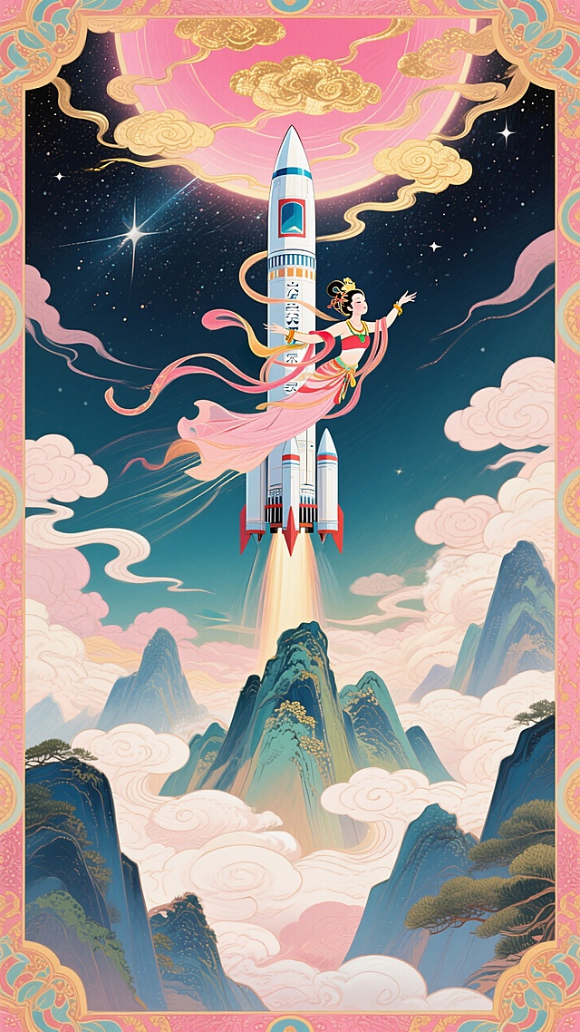 火箭居画面中心垂直向上为核心焦点，嫦娥环绕火箭，披帛环绕火箭飘逸展开，背景下方山峦、上方星空，空间延伸，画面粉金色调，梦幻色彩和光影变化，具有丰富的层次感和立体感